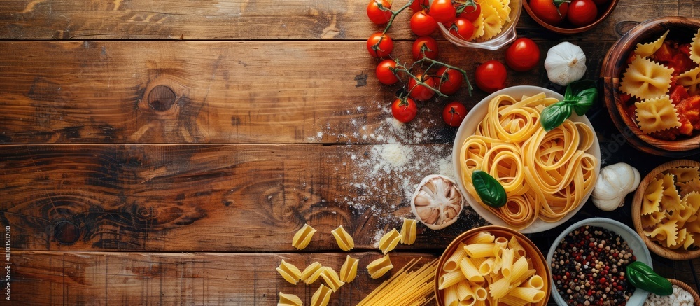 Aufkleber different types of pasta arranged creatively on a rustic table with ingredients conveying a farm to 