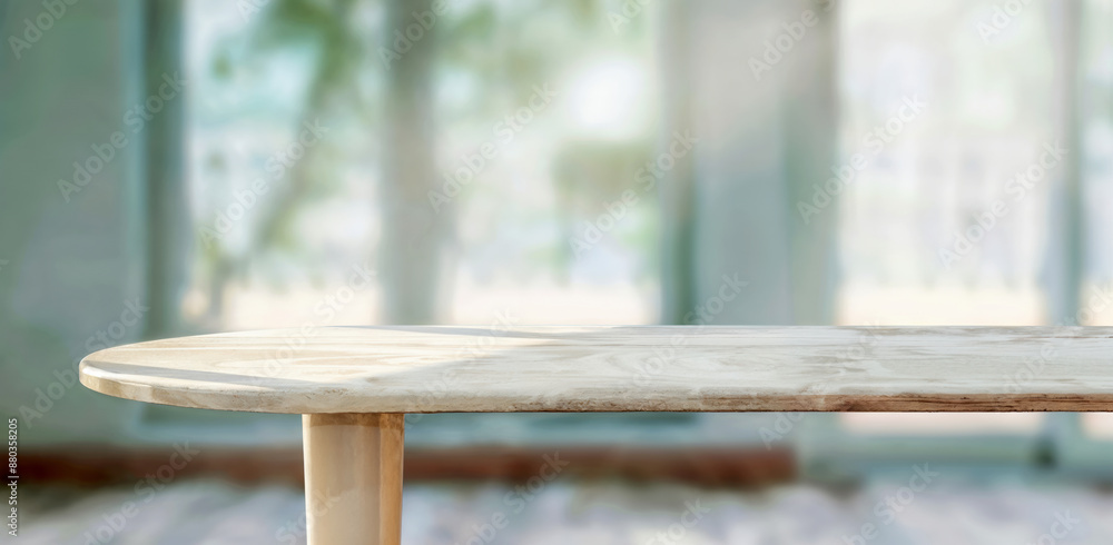 Poster empty round wooden table top with blurred green background