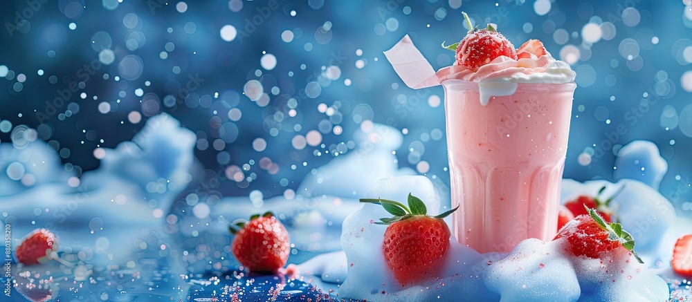 Poster strawberry milk in outer space on a blue pastel background with a note ideal for a copy space image