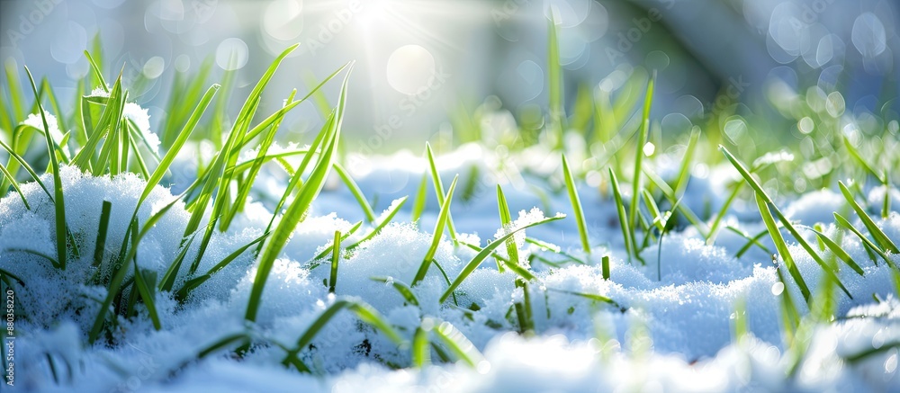 Poster snow covered verdant grass in the garden with space for text in the picture. copy space image. place