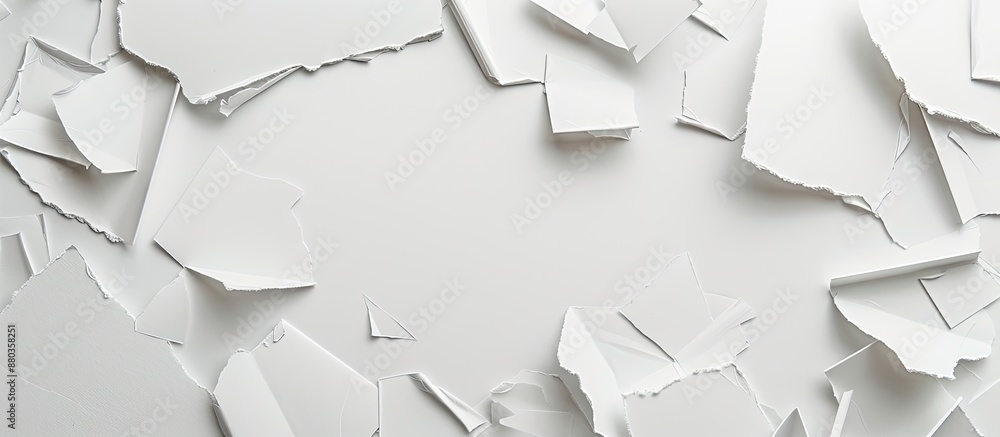 Poster white paper with scattered white cardboard pieces creating a stylish composition with copy space ima