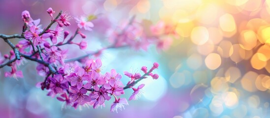 Close up of Eastern Redbud Cercis canadensis purple blossoms on a sunny day with selective focus perfect for a nature themed design with copy space image