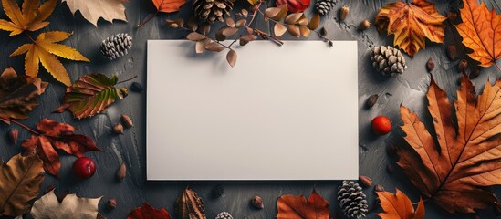 Top view of a fall themed arrangement featuring blank paper and dried leaves on a table providing ample space for customization in the image