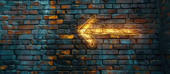 A yellow arrow pointing to a light on a brick wall symbolizes a path to future success guiding decisions with a business oriented perspective in a copy space image