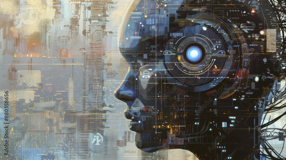 Poster business professionals collaborating with ai-powered robots and advanced technology in a high-tech o