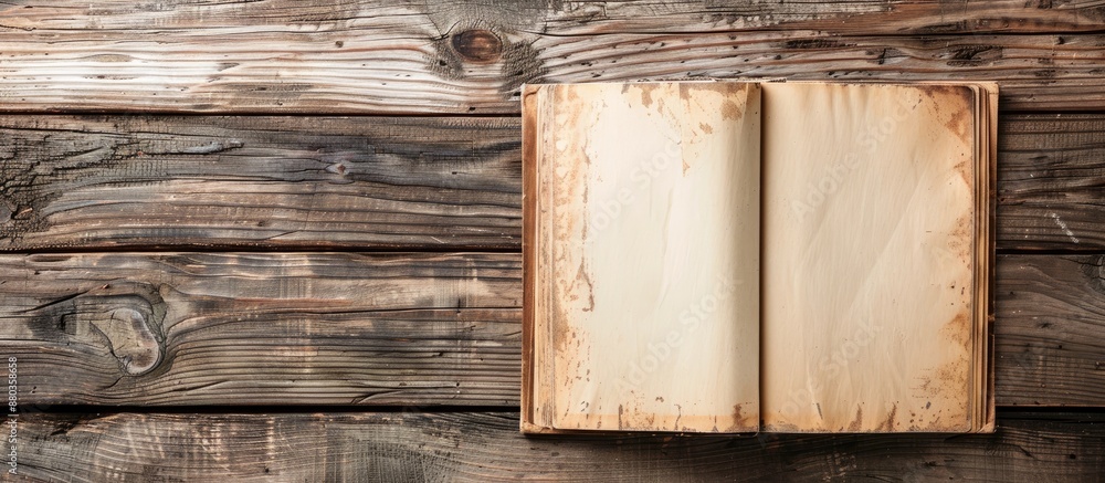 Poster wooden background displaying a catalog or brochure mock up with blank copy space image