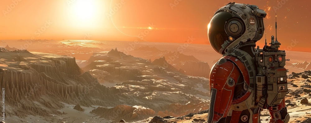 Poster a robot exploring a desolate alien world.