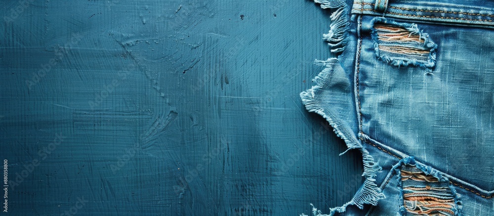 Poster background image showing a torn denim pocket in a blue shade with ample copy space image