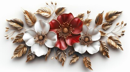 Red metallic realistic flower with gold leaves and red petals  " ai generated "
