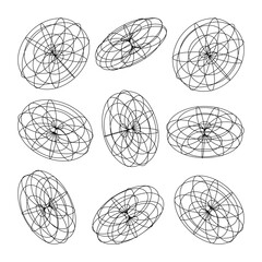 Obraz premium Wireframe lined shapes. Perspective mesh, 3d grid. Low poly geometric elements. Retro futuristic design elements, y2k, vaporwave and synthwave style. Vector illustration