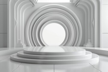 Obraz premium Futuristic white minimalist stage with circular shapes. Ideal for product displays and presentations. Perfect for showcasing technology, cosmetics, or luxury items.