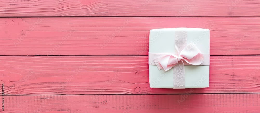 Poster a white gift box displayed on a pink wooden background in top view showcasing a flat lay composition