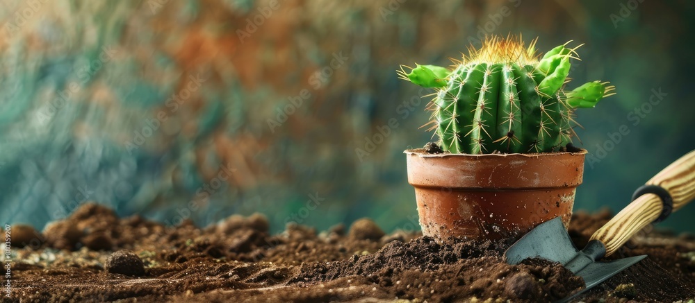 Poster cactus plant next to a shovel set against a soil filled background creating a rustic copy space imag