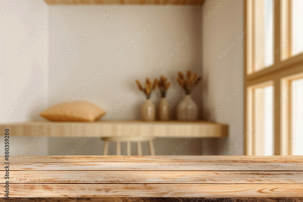 Aufkleber empty wooden tabletop with blurred minimal home workspace in the background