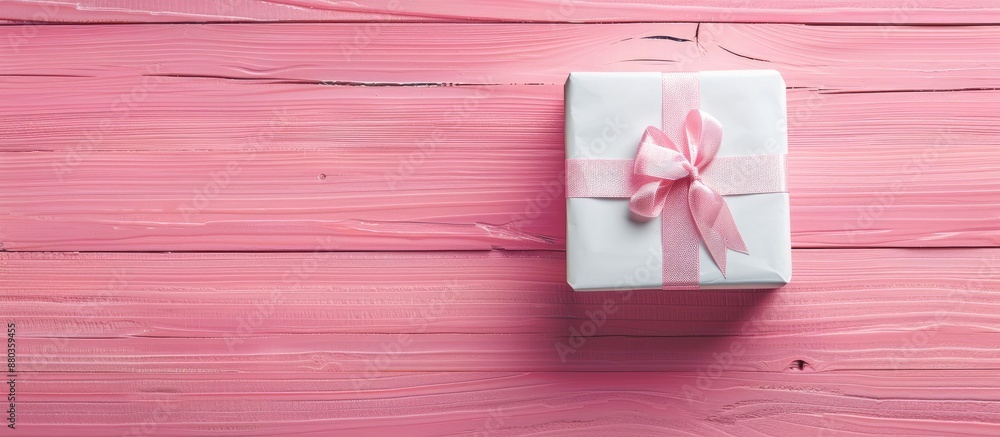 Poster a white gift box displayed on a pink wooden background in top view showcasing a flat lay composition