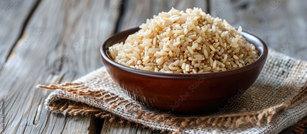 Poster a bowl of brown rice displayed on a rustic wooden surface with a grey backdrop creating an appealing