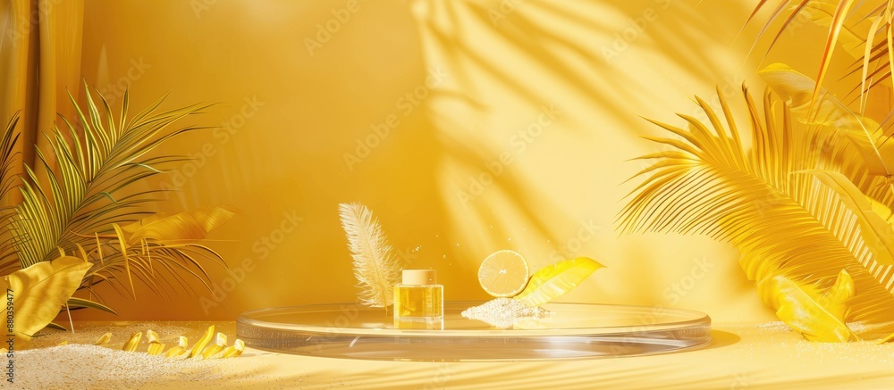 Aufkleber cosmetics themed podium with a transparent pedestal and natural elements set against a yellow backgr