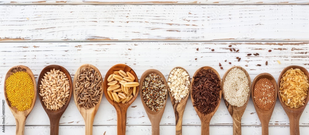 Canvas Prints Various grains and cereals displayed in wooden spoons on a white wooden surface Includes a copy space image