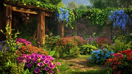 Obraz premium A vibrant garden with a mix of flowering annuals and perennials, a rustic wooden trellis covered in morning glories.