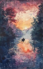 Watercolor painting of a lone boat on a lake at sunset.