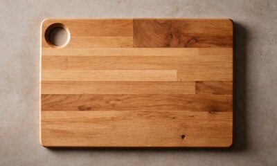 Obraz premium Wooden cutting board with handle hole on a grey surface