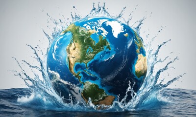Earth globe splashing into water with spray