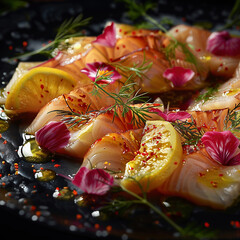Sea Bass Carpaccio with Citrus Vinaigrette, Translucent slices of sea bass shimmer, drizzled with a vibrant citrus vinaigrette