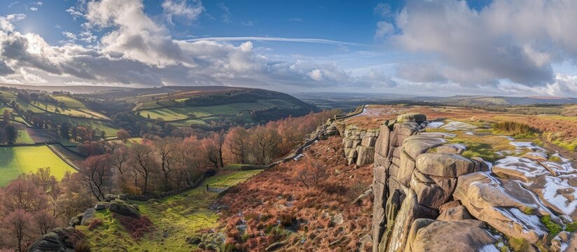 Observing Baslow Edge in the Peak District with a view of the landscape and a clear sky with copy space image