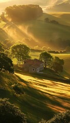 Fototapeta premium Countryside break with golden rays over rolling hills, Calm, Peaceful rural escape