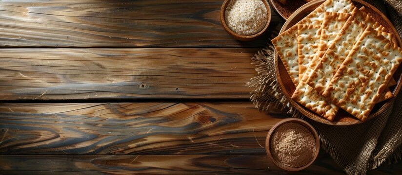 Wooden table with symbolic Pesach items arranged featuring copy space image