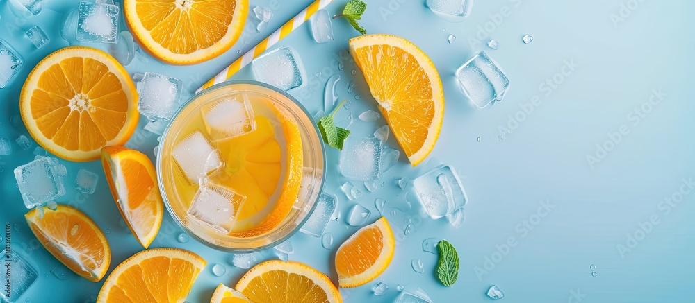 Sticker A refreshing drink made of orange slices ice cubes and a straw on a blue background seen from above with copy space image