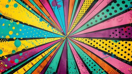 A lively comic book abstract artwork with an array of colorful panels The panels include distinct patterns such as yellow polka dots