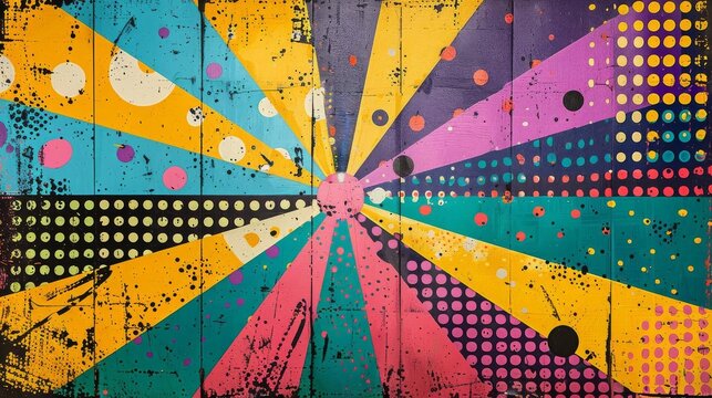 A lively comic book abstract artwork with an array of colorful panels The panels include distinct patterns such as yellow polka dots
