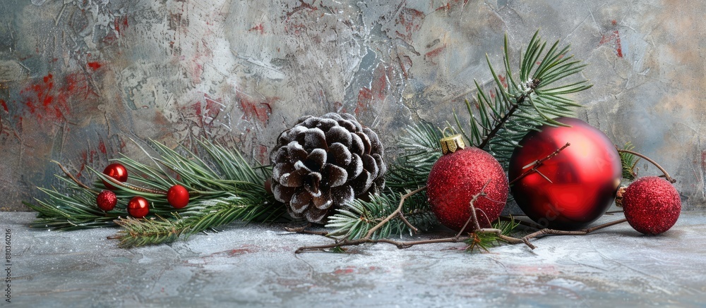 Aufkleber a festive christmas setting with red baubles a silver pine cone and green branches on a textured gre