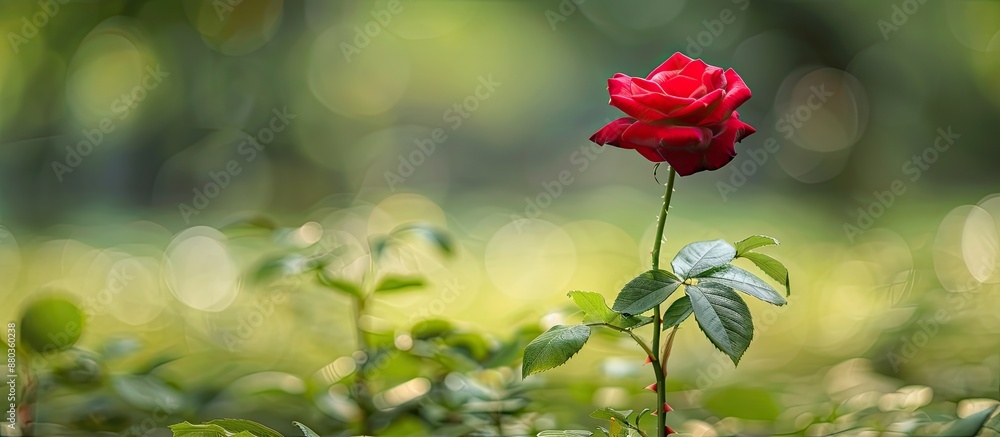Poster a red rose standing out in a park setting with a beautifully blurred background perfect for a copy s