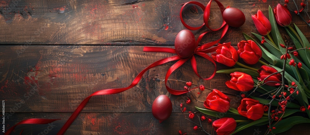 Poster top view of red easter eggs and tulip flowers are displayed on a wooden surface with a red ribbon pr