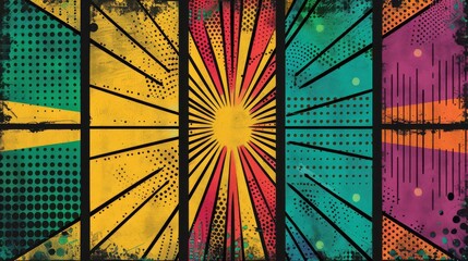 A vibrant comic bookstyle abstract design featuring a collage of colorful panels Each panel has a unique pattern