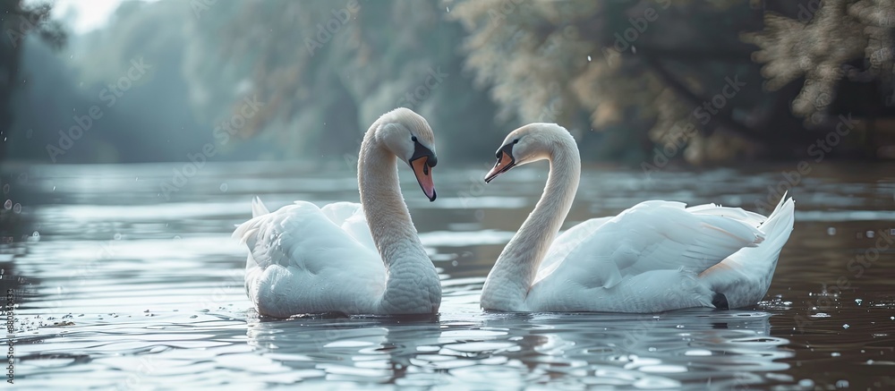 Poster white swans by the river with ample copy space image