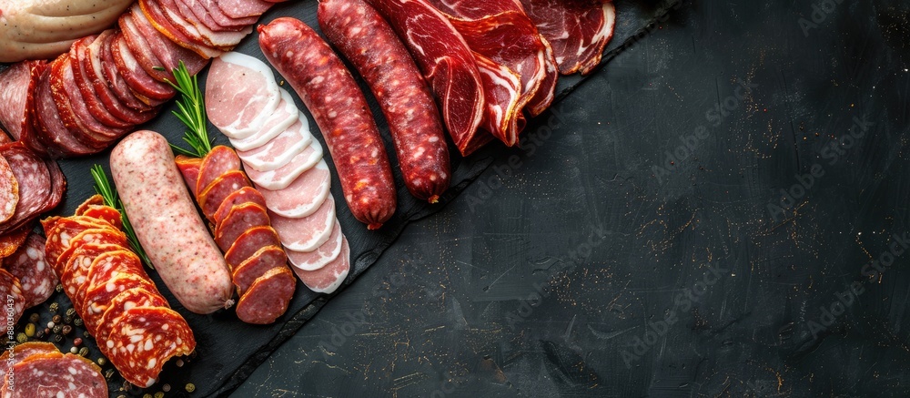 Aufkleber a variety of meats like pancetta salami ham sausage prosciutto and bacon on a black background viewe