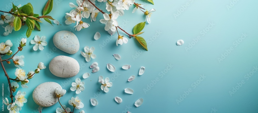 Aufkleber spring themed objects on a blue background with copy space image representing nature and the spring 