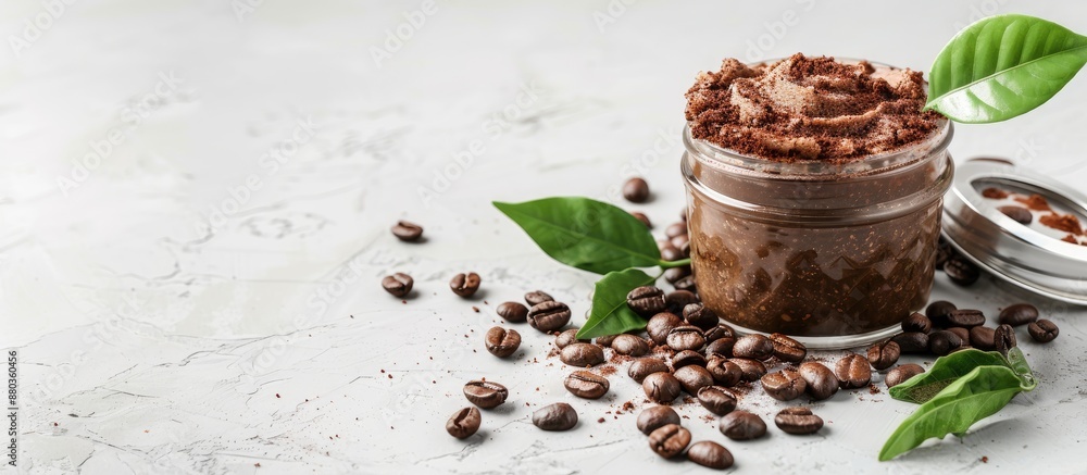Poster jar with body scrub and coffee beans on a light background with empty space for text or images copy 