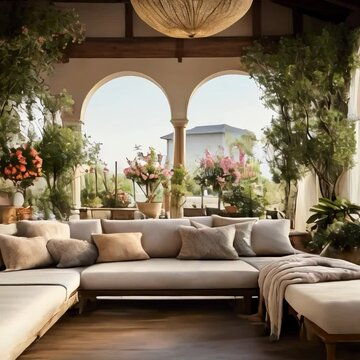The villa has wooden textured floors, the room is integrated with the garden, beautiful flowers, the seating area is quite spacious and comfortable, plus lighting, coffee table and carpet on the floor