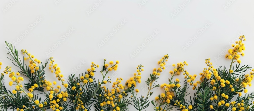 Poster flat lay arrangement featuring a stunning floral display of mimosa flowers against a white backdrop 