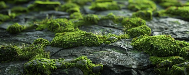 Naklejka premium Moss-covered stone texture with lush green, 4K hyperrealistic photo