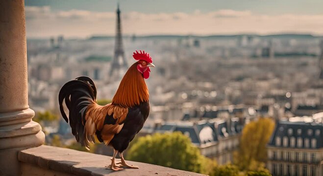 Rooster with Paris in the background. France symbol.