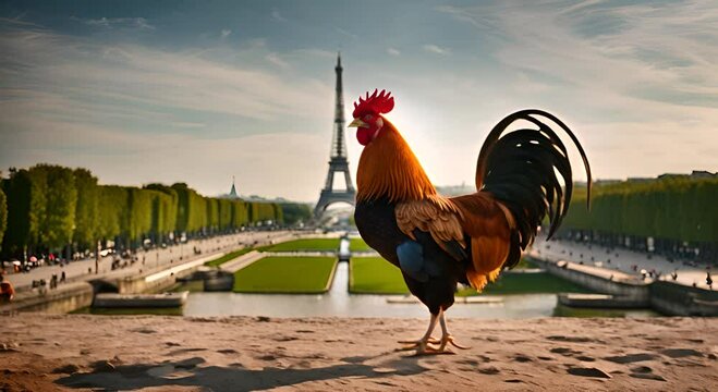 Rooster with Paris in the background. France symbol.