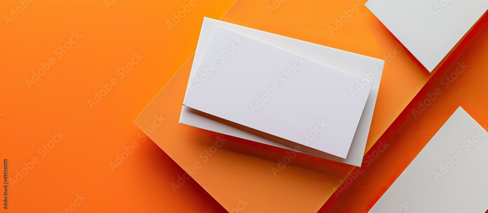 Poster white blank business cards placed horizontally against an orange paper backdrop in a mockup with spa