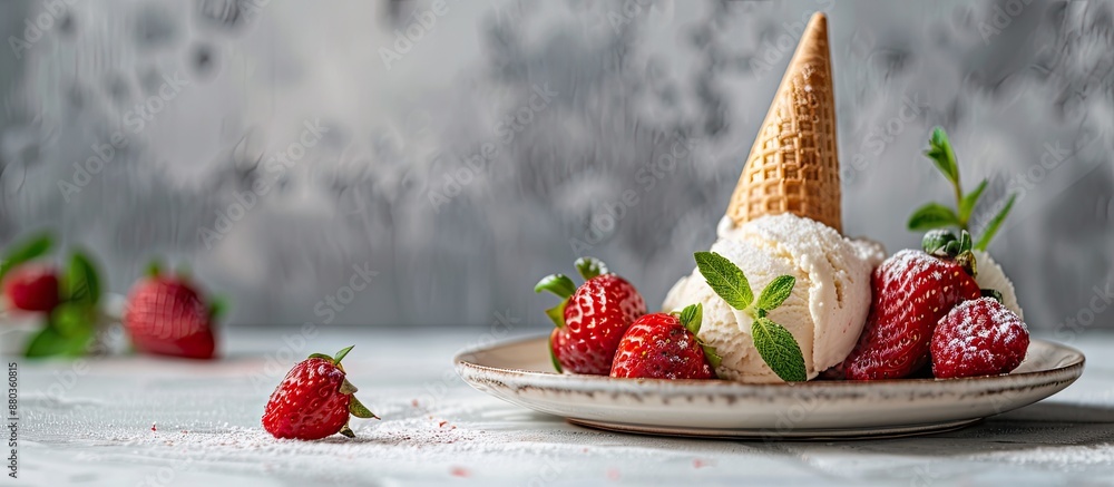 Poster freshly baked strawberry pie beside a clay ice cream cone shaped dish with juicy red berries against