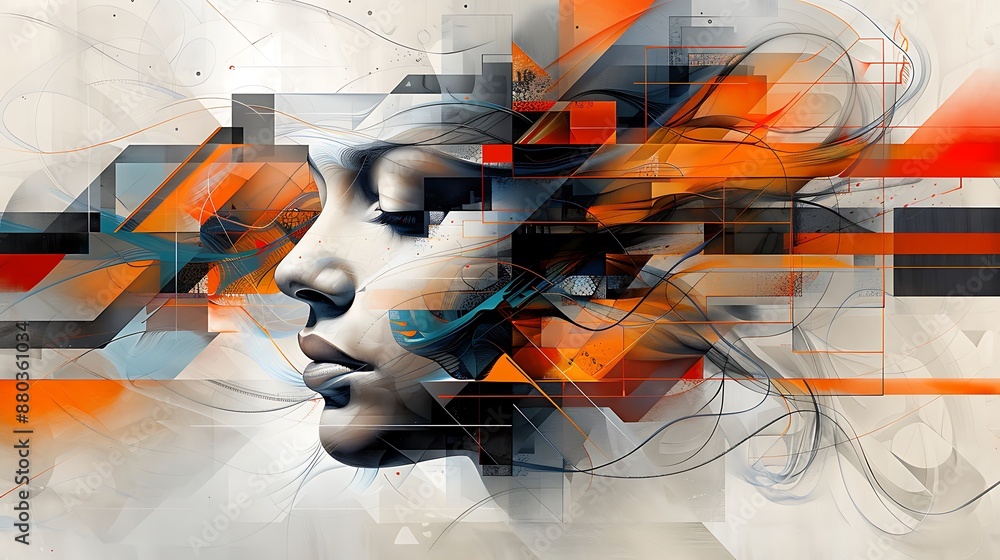 Poster a dynamic composition featuring a human profile composed of bold, tessellating triangles and squares