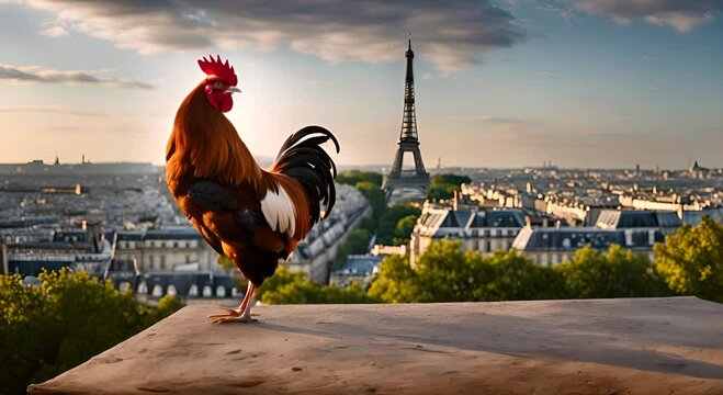 Rooster with Paris in the background. France symbol.